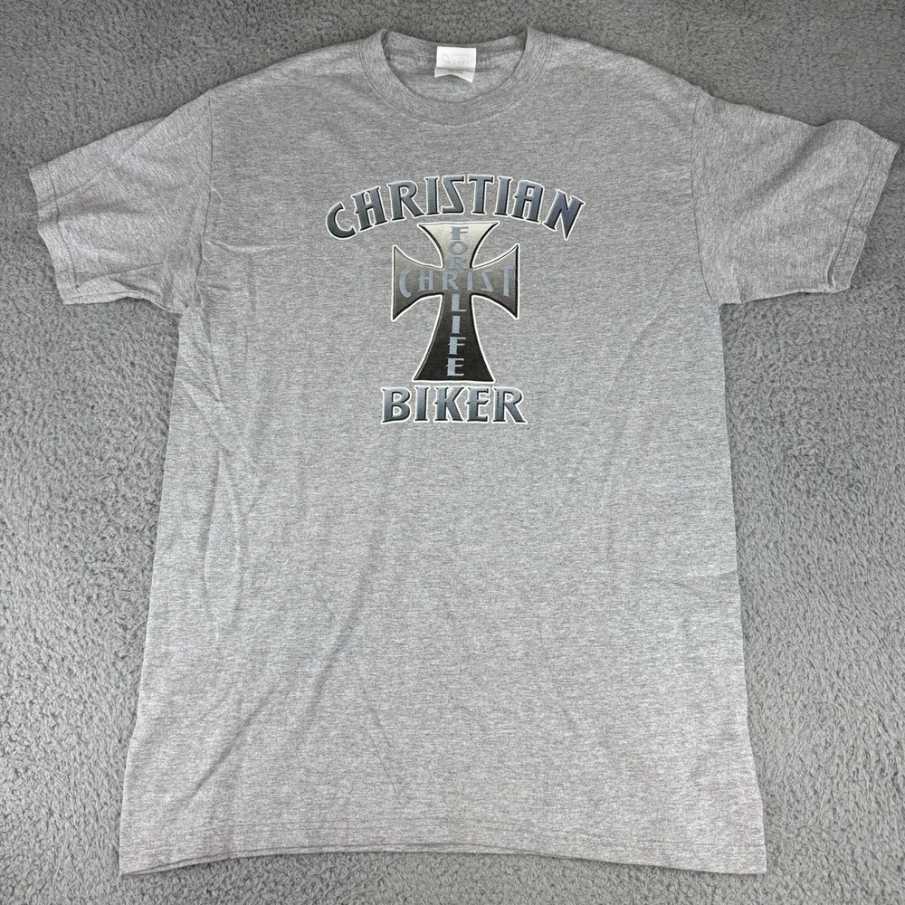 Vintage Christian Biker Cross Shirt Jesus Y2k Gray Men's Size Medium 2005